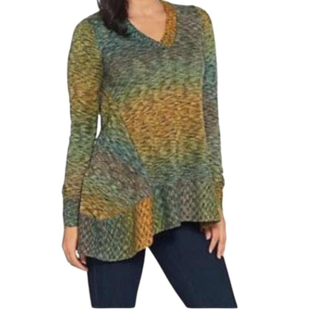 LOGO Lori Goldstein Palm‎ Green Long Sleeve Ombre Tunic Sweater Women's Size L